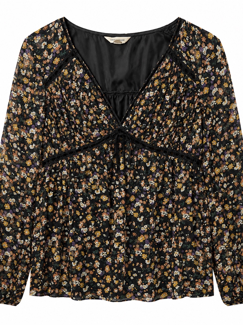 Lucky Brand Black Floral Tie-Neck Blouse